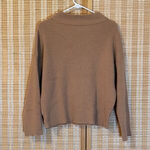 Ann Taylor Petite Ribbed Mock Neck Sweater Camel Tan Drop Shoulder LP Preppy